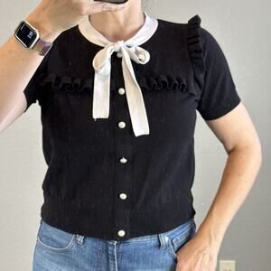 Hell Bunny Womens Colette Sweater Top Size L Black Knit Neck Tie Short Sleeve